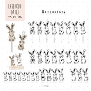 May include: Black and white line art illustrations of bunnies with different patterns and poses. The text "HASENBANDE" is at the top of the image. The text "LASERCUT DATEI SVG, DXF, PNG" is in the top left corner of the image. The text "STOFFCUT" is in the bottom centre of the image.