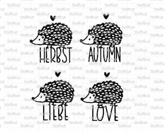 May include: Four black and white illustrations of hedgehogs with the words "Herbst", "Autumn", "Liebe", and "Love" underneath each hedgehog.