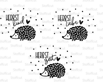 May include: Three black and white illustrations of hedgehogs with the German word "Herbst" (Autumn) and the words "kind", "liebe" (love), and "zeit" (time) in a white background with black dots.