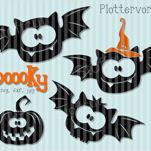 May include: A Halloween graphic featuring cartoon bats and a pumpkin. The bats are black with striped wings and smiling faces. One bat wears an orange witch's hat. The word "Spooky" is in orange, along with file type information.
