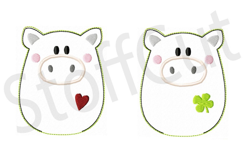Puede incluir: Dos dise&ntilde;os de bordado de cerdo blanco. El cerdo de la izquierda tiene un coraz&oacute;n rojo y el cerdo de la derecha tiene un tr&eacute;bol de cuatro hojas verde.