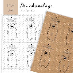 Imprimir modelo de cartões coração urso PDF A4
