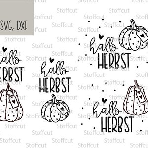 May include: Four black and white illustrations of pumpkins with polka dots and the text "hallo HERBST" in German. The pumpkins have small hearts on their stems.