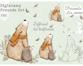 May include: A digital stamp set featuring two bears and hedgehogs. The bears are wearing scarves and looking up. The text "Different but bestfriends" is written in the center of the image. The text "Freunde für immer" is written in a circle in the upper right corner of the image. The text "Digistamp Freunde Set PNG" is written in the upper left corner of the image.