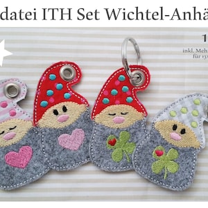 May include: Set of four felt gnome keychains with different designs. Each gnome has a gray beard, a red, pink, or green hat, and a heart or clover design. The keychains are 10x10 cm and include multi-hoop frames for 13x18 and 16x26 cm.