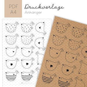 Puede incluir: Hoja PDF imprimible con un diseño en blanco y negro de 16 formas de pájaros. La hoja está etiquetada como "PDF A4 Druckvorlage Anhänger".