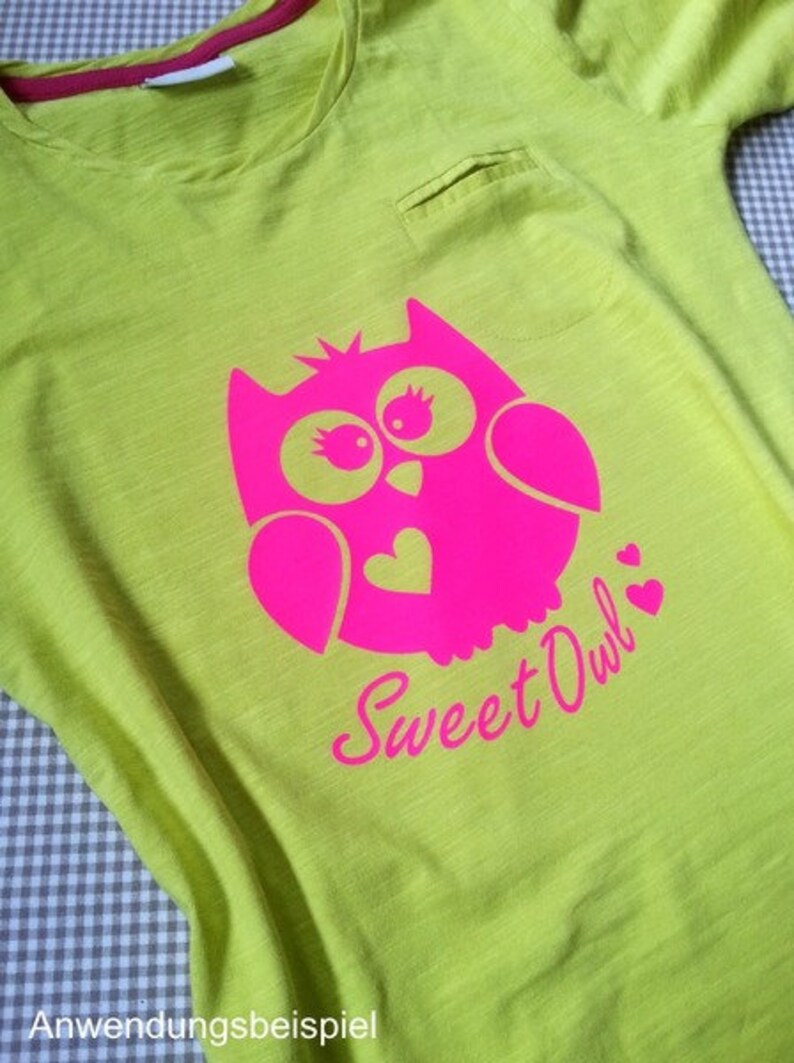 Peut inclure: T-shirt vert clair avec un motif de hibou rose et l'inscription "Sweet Owl". Le hibou a de grands yeux et un c&oelig;ur sur la poitrine. Le t-shirt a une petite poche et une bordure rose autour de l'encolure.