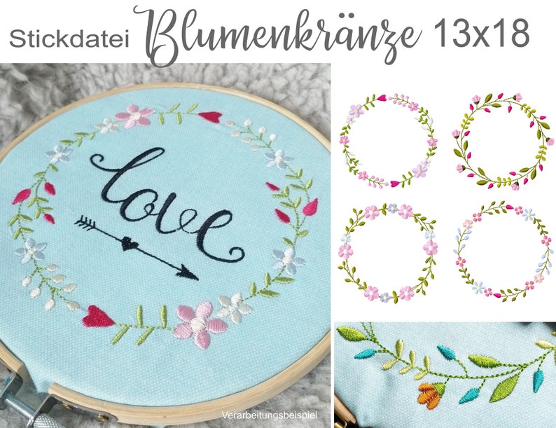 May include: Embroidery pattern for a floral wreath with the word "love" in the center. The wreath is made of pink, white, and green flowers. The pattern is 13 inches by 18 inches.
