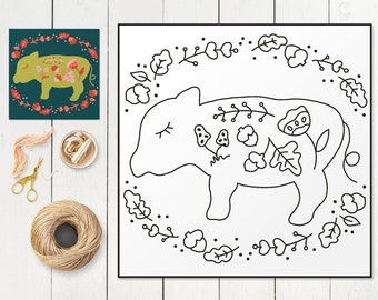 Rug hooking pattern, Truffles the Piglet, punch needle pattern, 20" x 20" pig folk art pdf pattern