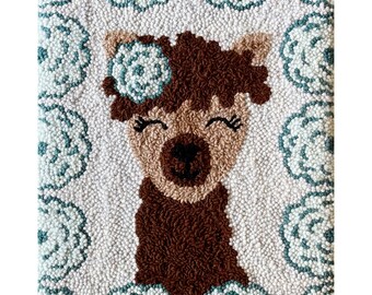 Punch needle rug hooking pattern, flowery alpaca pattern hand drawn on monk’s cloth, 14.5”x18”
