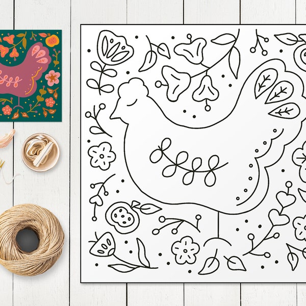 Rug hooking pattern, Poppy the Hen, punch needle pattern, 20" x 20" chicken folk art pdf pattern