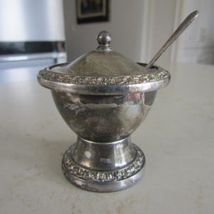May include: A silver-colored, antique sugar bowl with a lid and a small spoon. The bowl has a decorative rim and sits on a pedestal base. The spoon is inserted into the bowl. The sugar bowl is likely made of silver-plated metal.