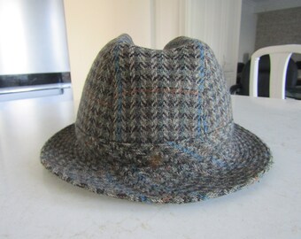 May include: A brown and blue tweed fedora hat with a wide brim.