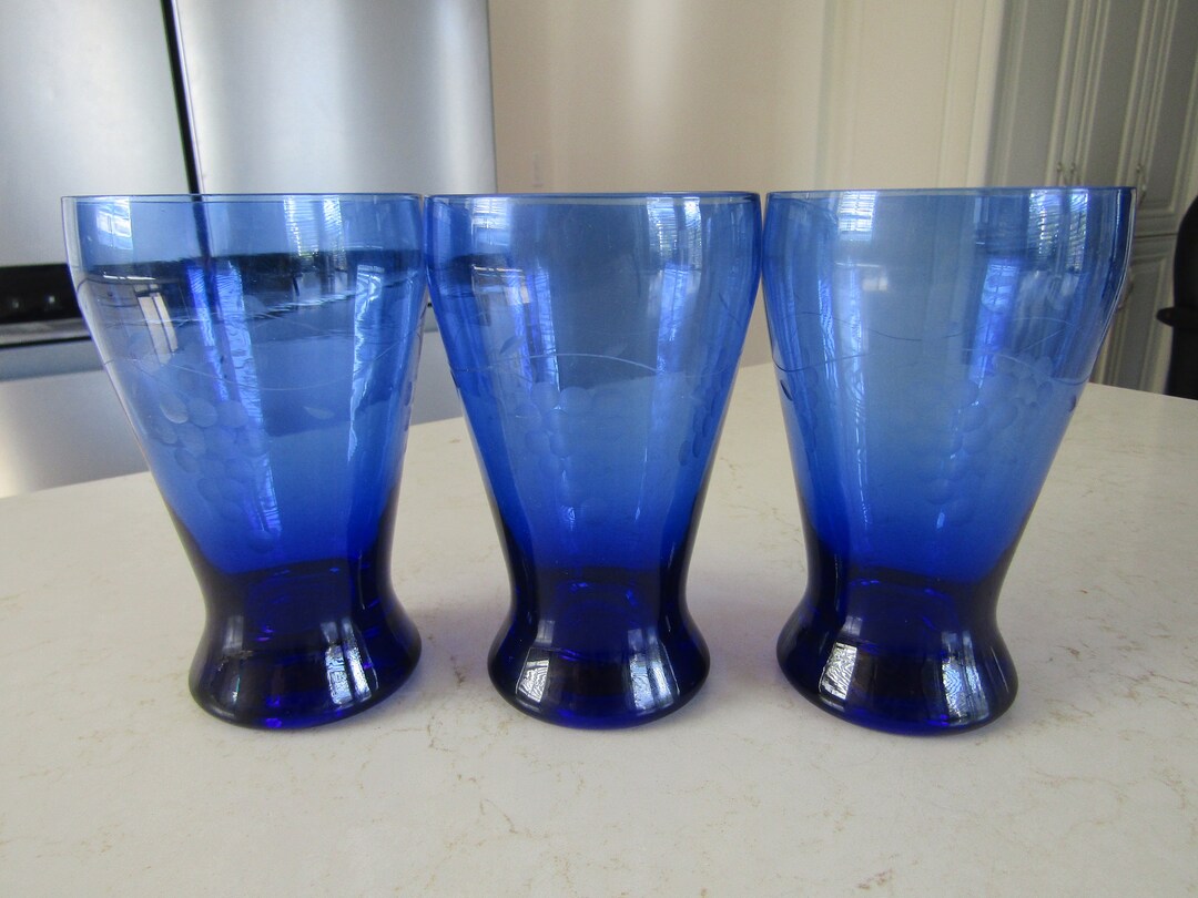 3 Etched Cobalt Glasses - Etsy
