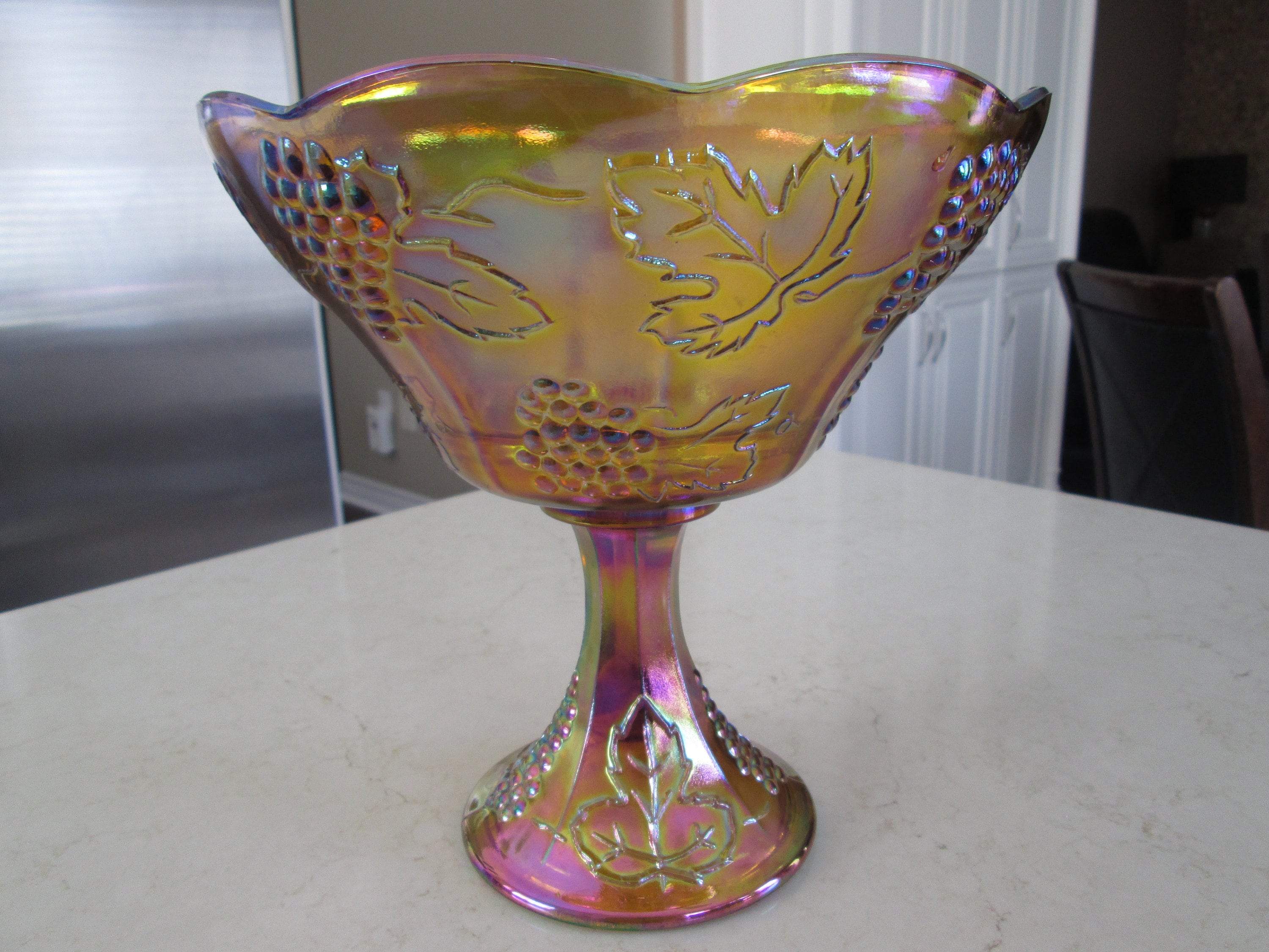 Iridescent Gold Carnival Glass Pedestal Bowl Etsy