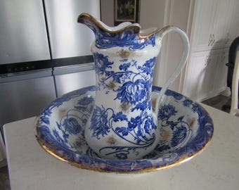 C. 1900 Blue Transferware Jug and Basin Set by F. Winkle/colonial