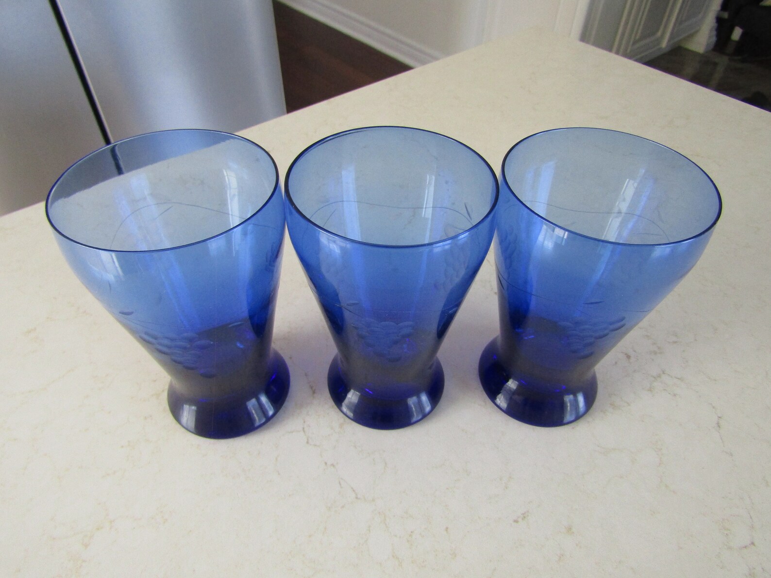 3 Etched Cobalt Glasses - Etsy