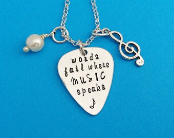 words fail where music speaks, music necklace, music jewelry, musical gift, treble cleft, musical note, musical note gift, music lover gift