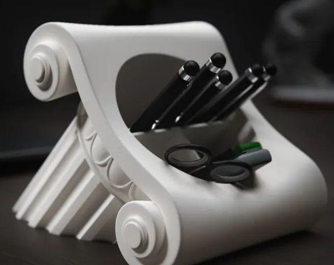 Greek Style Desk Organiser - Elegant White Column Pen Holder