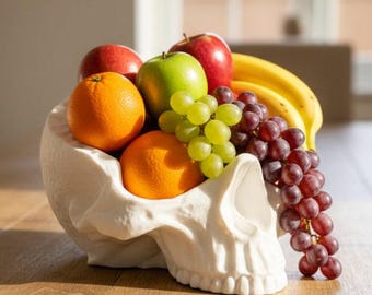 Fruitschaal met doodskop – Grote decoratieve fruitschaal met doodskop – Gotische keukendecoratie – Opvallend middelpunt – Opbergschaal met doodskop – Uniek wooncadeau
