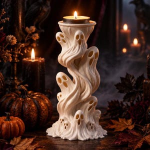 May include: A cream-coloured candle holder sculpted with multiple ghost figures swirling upwards in a vertical column. The base features several small ghosts, while the top includes a circular cup designed to hold a single lit tea light candle.