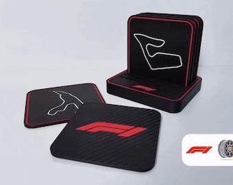 F1 Formula 1 Coasters Set of 6 + Holder - 3D Printed Track Design with Carbon Fiber Texture & F1 Logo - Racing Fan Gift for Car Enthusiasts