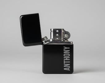 Personalised Matte Black Flip-Top Lighter with Gift Tin – Custom Engraved Name