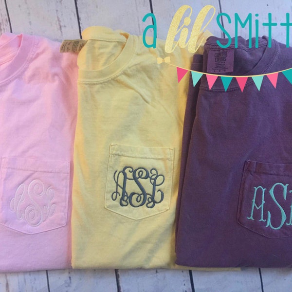 Monogrammed Comfort Color Pocket T-shirt Short Sleeve-comfort colors- Pocket Tee-Clothing- Women's Clothing -Monogrammed T-shirt-soft-pocket