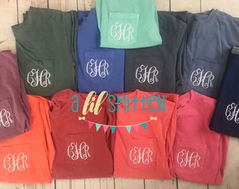 Short sleeve Comfort Colors Monogram Pocket Tee, Short Sleeve t shirt, Comfort Colors, monogram pocket tshirt, monogram pocket tee for women