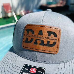Custom Kids Name Dad Hat, Personalized Dad Gift, Leather Patch Hat, Dad and Kids Trucker Hat, Dad Hat, Fathers Day Hat, Grandpa Hat Gift