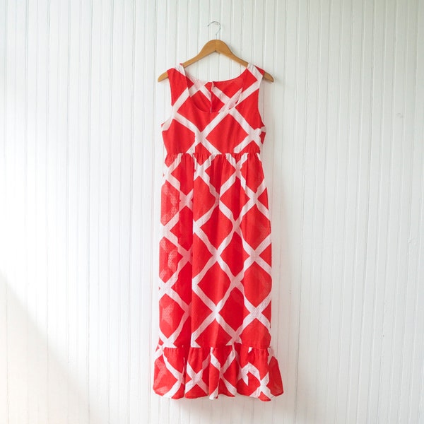 Vintage 70s-80s red and white geometric flowy dress | Open back sheer & vibrant bohemian