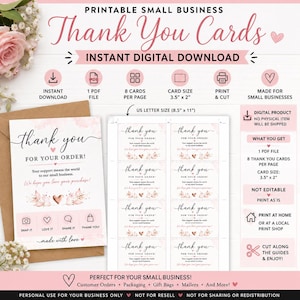 May include: A digital download set of printable thank you cards for small businesses. The design features pink watercolor accents, black script text, and heart icons. The layout includes eight 3.5 inch by 2 inch cards per 8.5 inch by 11 inch page.