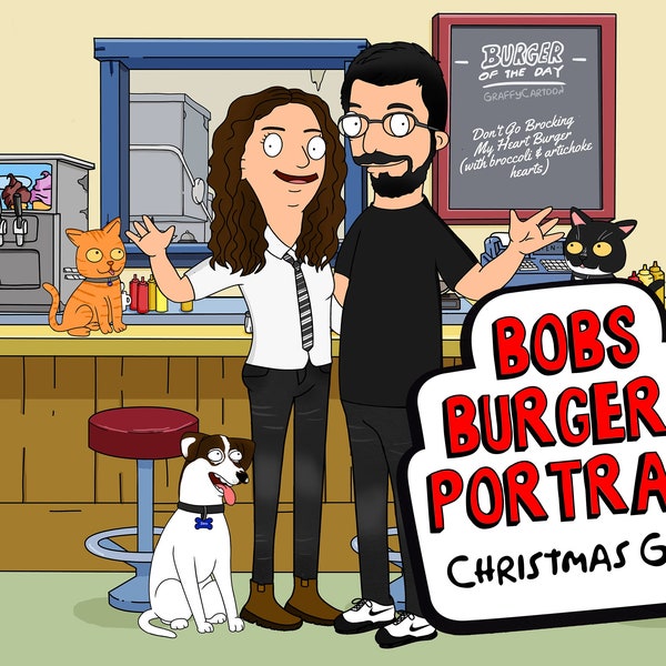 SALE Bobs Burgers portrait, chistmas gift, bob burg portrait, Personalized Bobs Burgers , LGBTQ couple portrait, Fathers gift, wedding gift