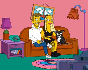 シンプソンズのカップルのポートレート、父親への贈り物、バレンタインのシンプソンズの家族ポートレート、カップルの描画、記念日の贈り物、ボーイフレンドへのカスタム漫画ギフト