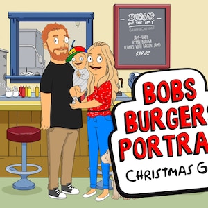 Bob's Burgers Portrait, Cartoon Portrait, Vatergeschenk, Bob's Burger Portrait, Familien-Weihnachtsgeschenk für Freund, LGBTQ-Paar, Bob's Burger