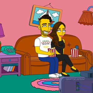Simpson portrait on the couch couple portrait Custom family cartoon gift for her Yellow characters christmas gift valentines couple portrait