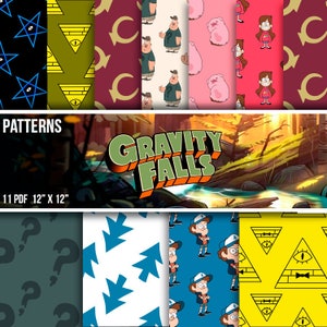 Könnte beinhalten: Elf digitale Papiermuster mit Charakteren und Symbolen aus der Zeichentrickserie Gravity Falls. Die Muster sind 30,5 cm x 30,5 cm groß und als PDF-Dateien verfügbar.