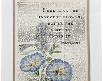 Repurposed Antique Dictionary Page Wall Decor - Shakespeare Quote - Vintage Blue Flower Illustration - Be the Serpent