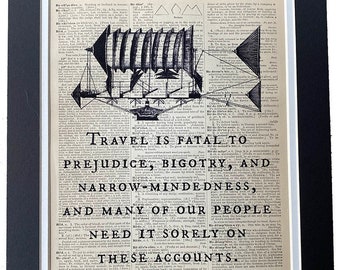 Repurposed Antique Dictionary Page Wall Decor - Mark Twain Quote - Vintage Steampunk Illustration - Travel is Fatal to Prejudice, Bigotry