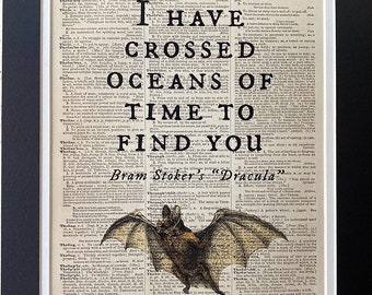 Repurposed Antique Dictionary Page Wall Decor - Dracula Quote - Vintage Bat Illustration - I Have Crossed Oceans of Time