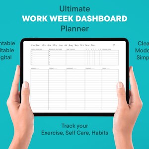 May include: A digital planner on a tablet screen with a weekly calendar layout. The calendar is labeled with the months of the year, from January to December. The planner is designed to track exercise, self-care, and habits.