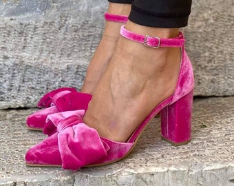 Rose Pink Velvet Block Heels, Velvet Bow Heels, Fuchsia Pumps, Rose Pink Wedding shoes, Pink Bridal shoes, Velvet Pumps ''Maddie''