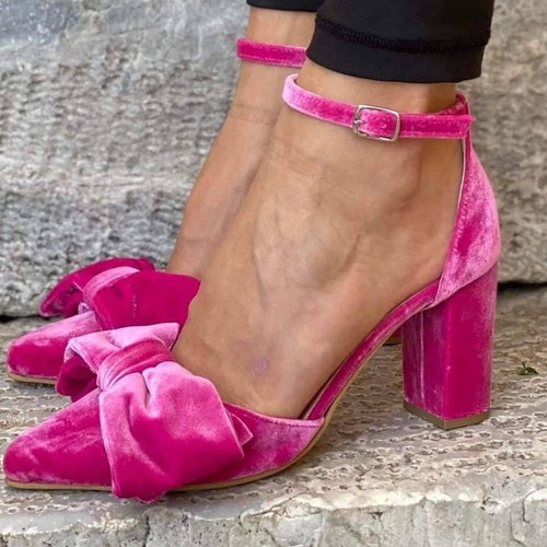 Rose Pink Velvet Block Heels Velvet Bow Heels Fuchsia Pumps Etsy