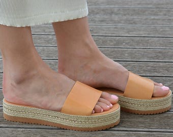 Greek Leather Slides Sandals | Espadrille Platform Sandals | Open Toe Flat Sandals | Leather Slide Sandals ''Emily''
