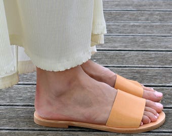 Greek Leather Slides Sandals | Open Toe Flat Sandals | Minimal Sandals | Slide Sandals ''Emily''