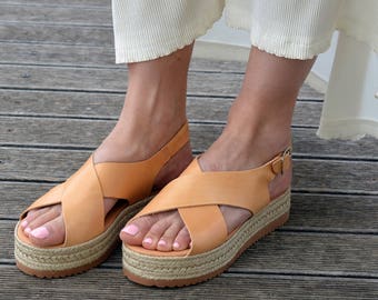 Greek Sandals, Espadrilles Sandals, Leather Flatform Sandals, Criss Cross Sandals, Slingback Platform Sandals ''Naxos''