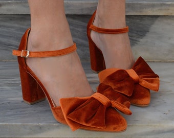 Burnt Orange Velvet Block Heels, Velvet Bow Heels, Orange Velvet Pumps, Rust Velvet Wedding Shoes, Orange Shoes for Wedding ''Maddie''