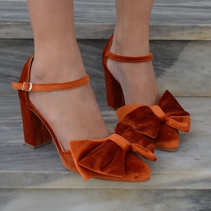 Burnt Orange Velvet Block Heels Velvet Bow Heels Orange Velvet Pumps Rust Velvet Wedding Shoes Orange Shoes for Wedding maddie Etsy