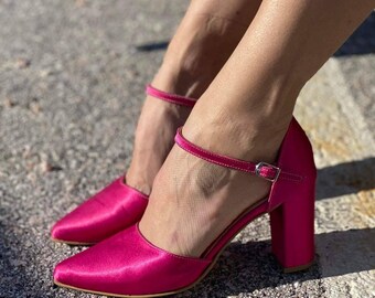 Buy Fuchsia Satin Block Heel Shoes: Handmade Wedding Bridal Heels
