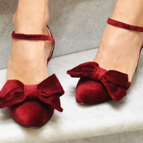 Merlot Wine Red Velvet Block Heels Velvet Bow Heels Burgundy Etsy